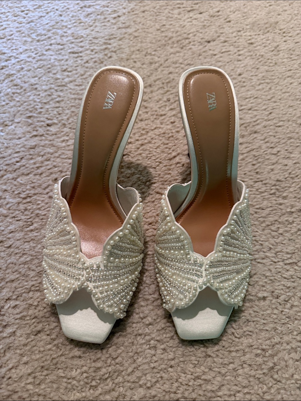 Zara Ivory Pearl Embellished Slide Mules